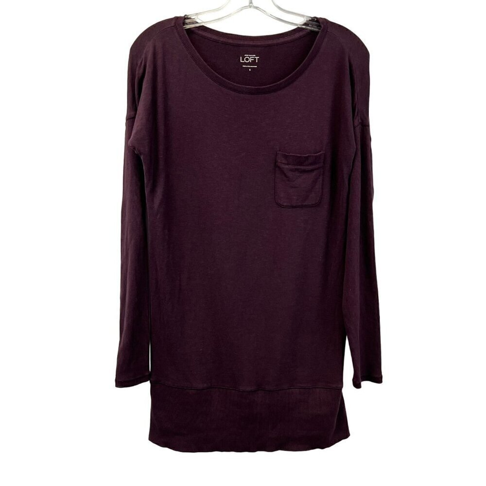 Ann Taylor Loft Womens Long Sleeve Scoop Neck Eggplant Tunic Top S Pocket